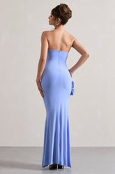 Blue Ruched Bandeau Split Maxi Dress With Flowers